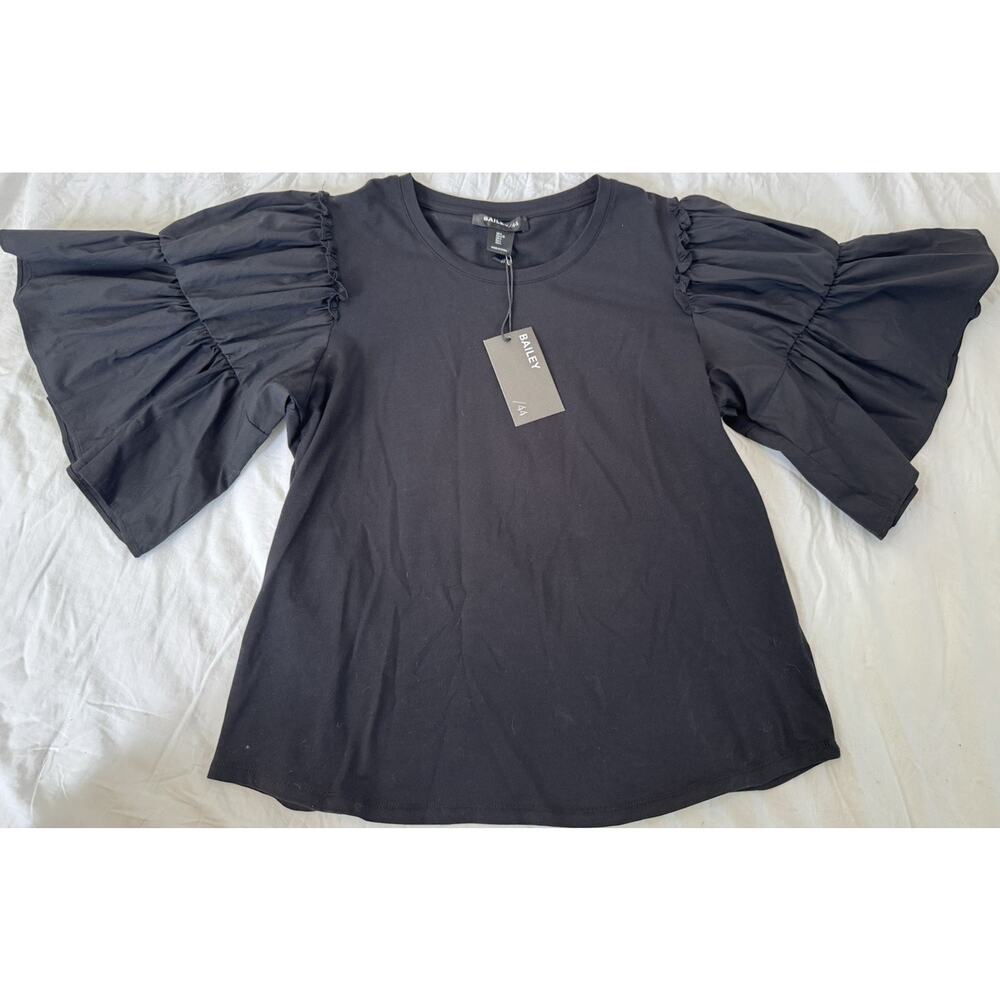 Bailey/44 Black Ruffle Bell Sleeve Knit Stretch Round Neck Top Women's L